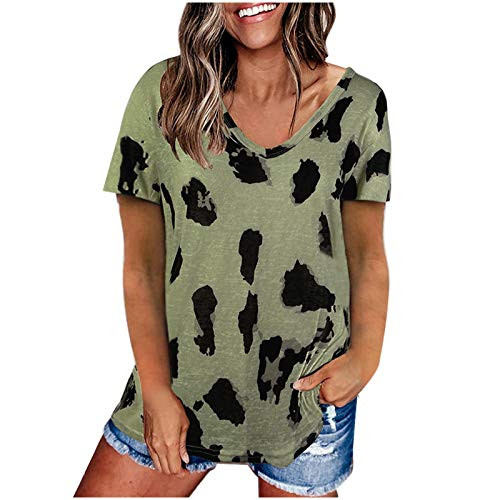 Womens Basic Tops Casual Leopard Print Raglan Short Sleeve T-Shirt Tunic Loose Crewneck Blouse Summer Top Tees Army Green