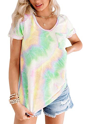 Womens Tie Dye T Shirts Plus Size Short Sleeve V Neck Summer Tops Casual Loose Tunic Tees Green