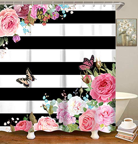 LIVILAN Black White Stripes Shower Curtain Set with 12 Hooks Fabric Bath Curtains Floral Decorative Thick Bathroom Curtain 70.8" x 70.8"
