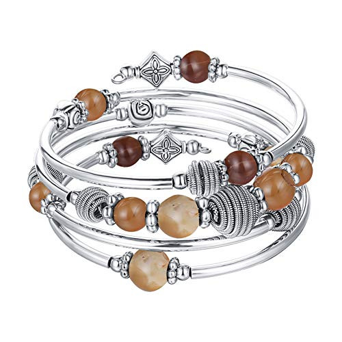 PEARL and CLUB Beaded Chakra Bangle Turquoise Bracelet - Fashion Jewelry Wrap Bracelet with Thick Silver Metal and Mala Beads Birthday Gifts for Women -Brown-