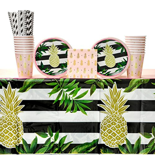 Pineapple Wedding Party Supplies Pack for 16 Guests: Straws, Dessert Plates, Beverage Napkins, Table Cover, and Cups