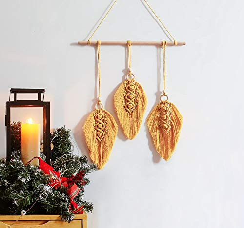 Clife Macrame Wall Hanging Feather Boho Chic Woven Leaf Tassels Decoration Cotton Ornaments - Bohemian Apartment Decorations - Living Room Bedroom Decor -Yellow-3 Leaf-