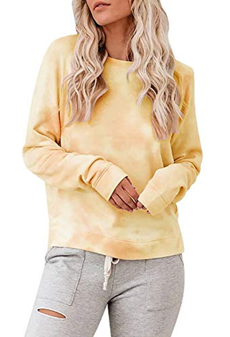 Kathemoi Womens Tie Dye Crewneck Casual Long Sleeve Oversized Loose Pullover Sweatshirts Tops Yellow