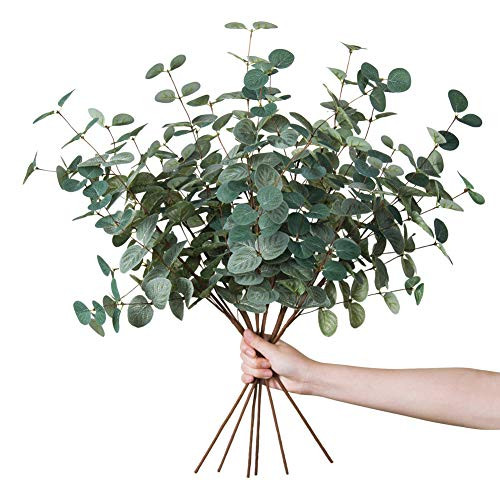 Miracliy 6 PCS Artificial Eucalyptus Leaves Greenery Stems Faux Silk Silver Dollar Eucalyptus Leaf Branches Green Bulk for Home Party Wedding Decoration