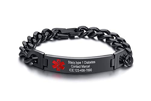 VNOX Mens Medical Alert ID Bracelet Tag Stainless Steel Link Chain Wrist -Free Engraving-8.5 inchesBlack