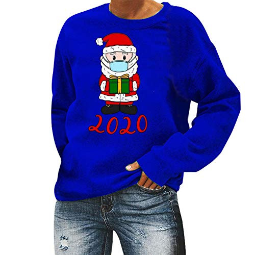 YAnGSale Top Christmas Blouse Santa in 2020 for The Crazy Year Women Xmas Shirt Solid Sweatshirt Fall Sweater Casual Pullover -Blue XL-
