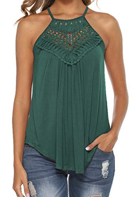 Summer Shirts for Women Casual Sleeveless Spaghetti Strap Lace Tank Tops Green M