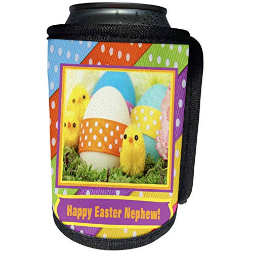 3dRose Beverly Turner Easter Design and Photography - Soft Yellow Chicks with Eggs and Dotted Ribbon Happy Easter Nephew - Can Cooler Bottle Wrap -cc_174074_1-