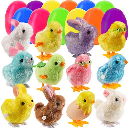 Lulu Home 12 Prefilled Easter Eggs with 12 Wind-up Bunnies and Chicks Jumping Bunny Chick Toys Easter Basket Stuffers