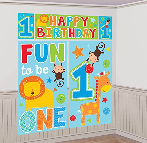 Amscan One Wild Boy 1st Birthday Scene Setters Wall Decorating Kit, 59" x 65", Blue/Green