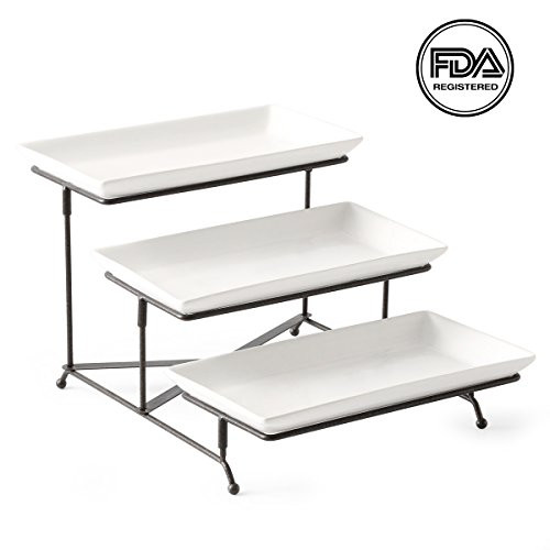 3 Tiered Serving Stand Collapsible Sturdier Rack with 3 Porcelain Serving Platters/Trays Three Tier Serving Platter for Fruit Dessert Presentation Party Display Set