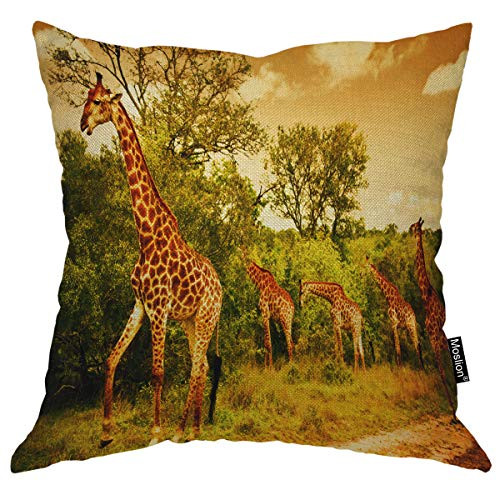 Moslion Giraffe Throw Pillow Covers African Safari Animals Walking in The Green Forest Savannah Wildlife Pillow Cases Decorative Square Cushion Canvas Cotton Linen for Couch Chair Bedroom