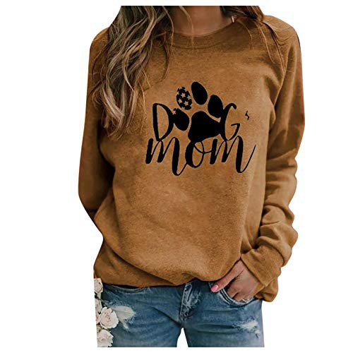 Dog Mom Women T Shirt Cute Dog Paw Graphic Pullover Long Sleeve O Neck Casual Tops Tees Blouse Dog Lover Gift Brown