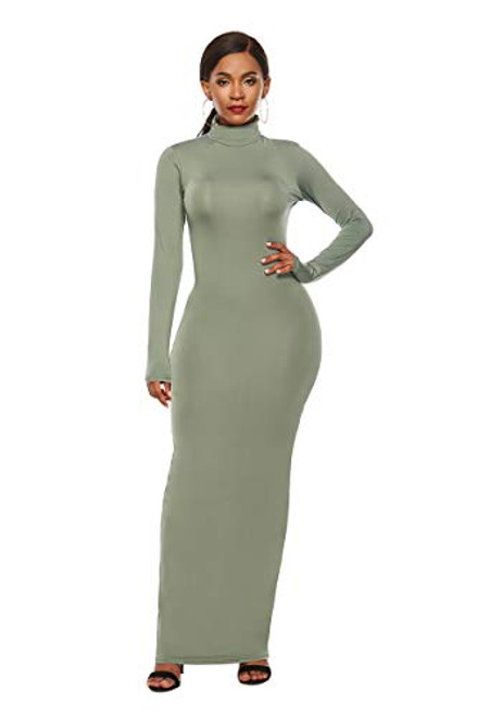 YMING Plus Size Turtleneck Long Dress for Women Solid Color Maxi Dress Long Sleeve Dress Green M