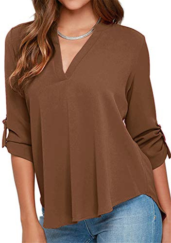 OMZIN Womens Sheer Chiffon Shirts V-Neck Solid Blouse Top for Women Brown XS