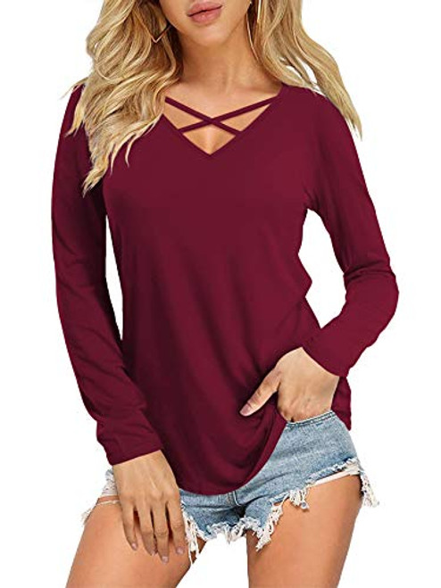DittyandVibe Womens V Neck T Shirt Long Sleeve Loose Casual Tops Wine Red Medium DittyandVibe Womens V Neck T Shirt Long Sleeve Loose Casual Tops Wine Red Medium