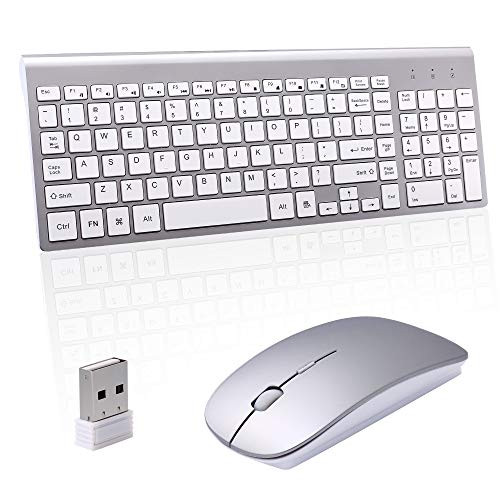Sanhoton 2.4GHz Wireless Keyboard and Mouse Combo, Ultra Thin Portable with Whisper-Quiet Work for PC Mac Laptop Android Tablet (Silver)