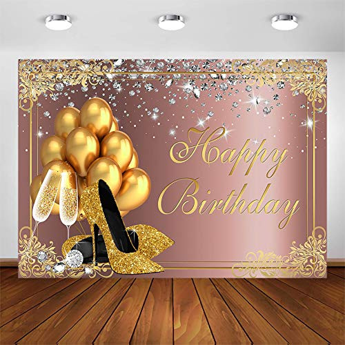 Avezano Rose Gold Birthday Backdrop for Women Girls Gold Balloon High Heels Champagne Diamond Bday Party Photoshoot Happy Birthday Party Decoration Photography Background -7x5ft- Avezano Rose Gold Birthday Backdrop for Women Girls Gold Balloon High Heels Champagne Diamond Bday Party Photoshoot Happy Birthday Party Decoration Photography Background -7x5ft-