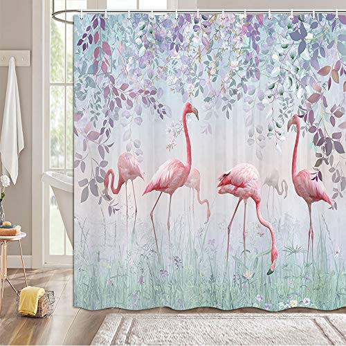 MERCHR Pink Flamingo Shower Curtains with Hooks Botanical Green Leaves Shower Curtain Tropical with Purple Colorful Plants Flamingo Nature Flower Shower Curtain for Bathroom Decor 69X70in