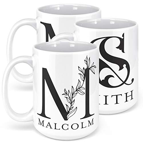 Initial 15 oz Coffee Mugs with Name Custom - White - Personalized Mugs for Women Ceramic Coffee Mug Tea Cup for Office and Home Use Perfect Monogram Gifting Taza Personalizadas