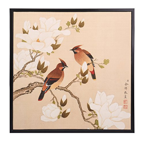 INK WASH Asian Watercolor Antique Colored Ink Traditional Chinese Magnolia Denudata Floral Wall Art Birds and Flower Paintings for Living Feng Shui 2017 Stand for Health Happy Life & Wealth 19"x20"