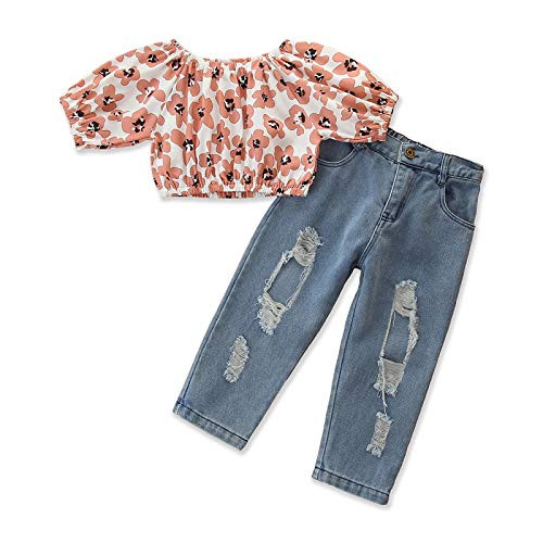 Toddler Baby Girl Floral Short Sleeve T-Shirt Crop Tops Ripped Jeans Denim Pants Kids Girls Summer Outfits Setes -Floral 3-4 Years-