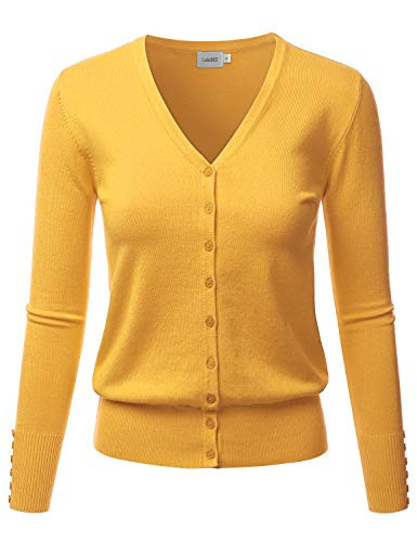 LALABEE Womens V-Neck Long Sleeve Button Down Sweater Cardigan Soft Knit-Yellow_B-S