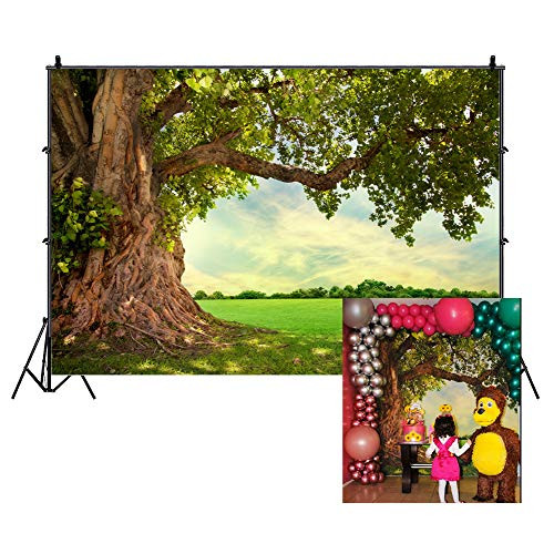 CSFOTO Polyester 7x5ft Huge Green Tree Backdrop Rural Scenery Field Spring Summer Countryside Outdoor Picnic Background Vacation Tour Holiday Photo Wallpaper