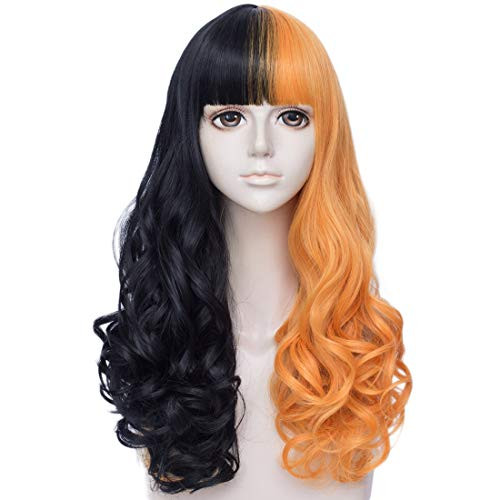 Max Beauty Two Tone Ombre Long Curly Short Straight Wig with Bangs Party Halloween Wig  Plus Free Cap -23.6 Black Yellow-