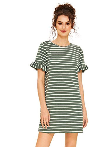 Floerns Womens Summer Casual Ruffle Short Sleeve Tunic Striped T-Shirt Dress Green XL