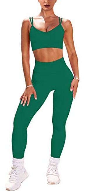 EUYZOU Womens 2 Piece Workout Sets - Seamless High Waisted Yoga Leggings  and  Sports Bra Gym Outfits - Green L