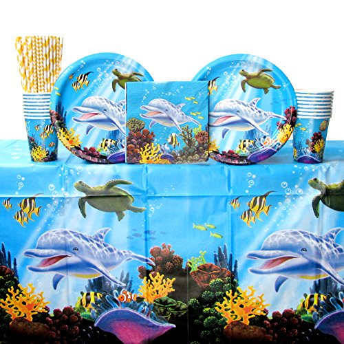 Ocean Party Tableware Supplies Bundle for 16 Guests: Straws, Dinner Plates, Luncheon Napkins, Cups, and Table Cover