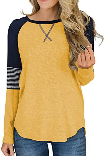 Youdiao Womens Long Sleeve Tops Color Block Side Split Casual T-Shirts Loose Tunic Tops Round Neck Striped Blouses Yellow L