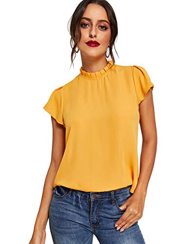 Romwe Womens Elegant Short Sleeve Mock Neck Workwear Blouse Top Shirts Yellow M