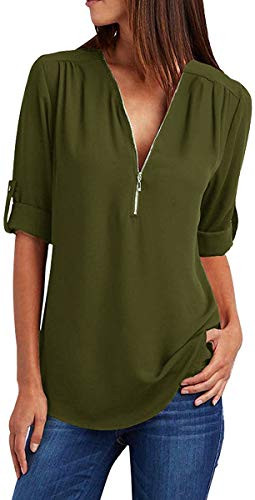 Bellastory Womens Zip Up Roll-up Sleeve Blouses V Neck Cuffed Pleated Chiffon Tops Casual Long Sleeve Work Tunics Shirt - Army Green L