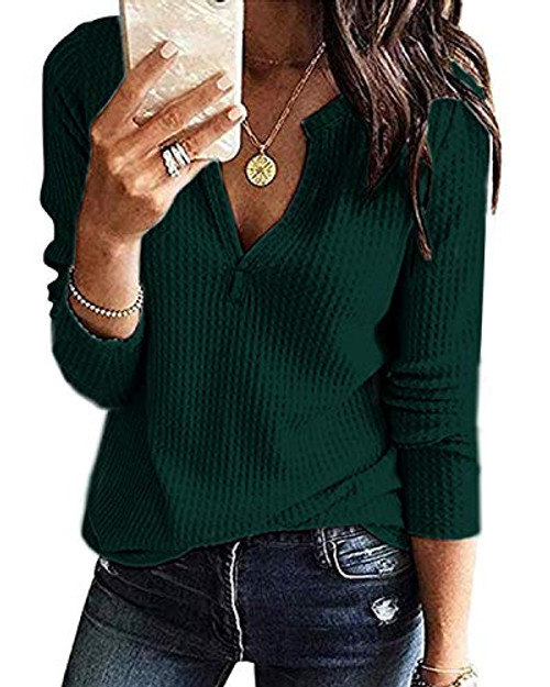 StyleDome Waffle Knit Shirts for Women V Neck Long Sleeve Henley Tee Loose Casual Tunic Tops 01 Army Green M StyleDome Waffle Knit Shirts for Women V Neck Long Sleeve Henley Tee Loose Casual Tunic Tops 01 Army Green M