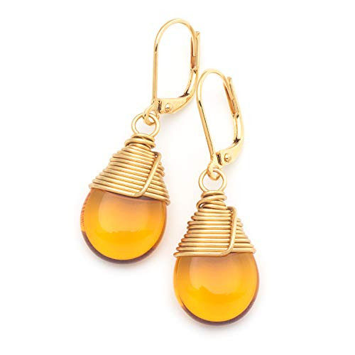 Honey Yellow Czech Glass Wire-wrapped Drop Gold Lever-back Earrings 1.4 Inches Honey Yellow Czech Glass Wire-wrapped Drop Gold Lever-back Earrings 1.4 Inches