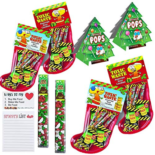 Sour Candy Stocking Stuffers - Candy Filled Christmas Stocking -pack of 4- - Tootsie Roll Lollipop Christmas Tree -pack of 2- Choco Rocks Holiday Tube -pack if 2- Magnetic Shopping Pad by Snack Fun