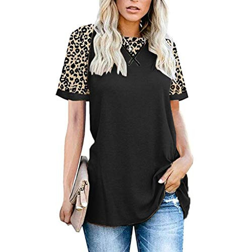 Meikosks Womens Leopard Patchwork T Shirt Crewneck Short Sleeve Tops Summer Casual Blouses Black Meikosks Womens Leopard Patchwork T Shirt Crewneck Short Sleeve Tops Summer Casual Blouses Black