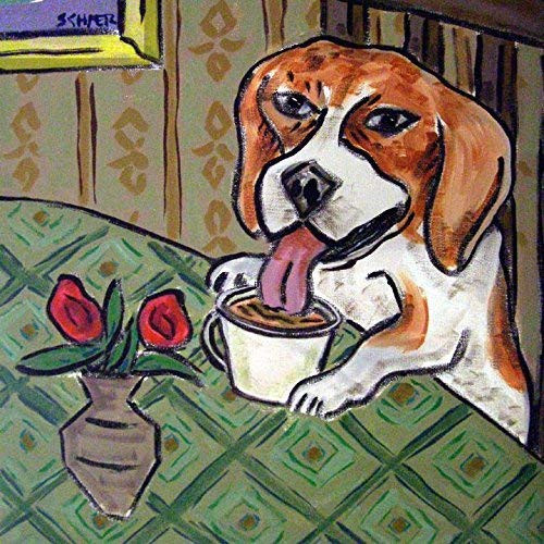 Beagle at the coffee shop cafe dog art tile coaster gift with dark green