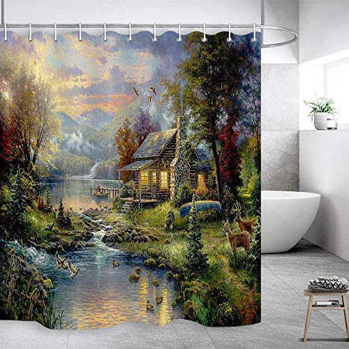DYNH Fairytale Forest Landscape Shower Curtain, Mountain Jungle With House Small River Tree And Wild Animal, Mildew Resistant Fabric Bathroom Decor, Bath Curtains Accessories, with Hooks, 69X70 Inches