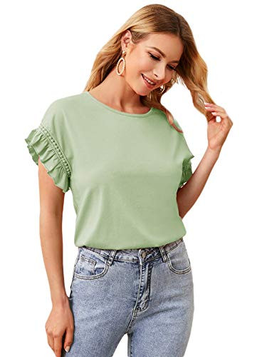 Romwe Womens Short Sleeve Round Neck Contrast Lace Ruffle Trim Cotton Summer Blouse Top Mint Green M