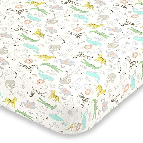 Carters Colorful Zoo Animals Super Soft Mini Crib Fitted Sheet Orange Yellow Blue Grey 6716745P