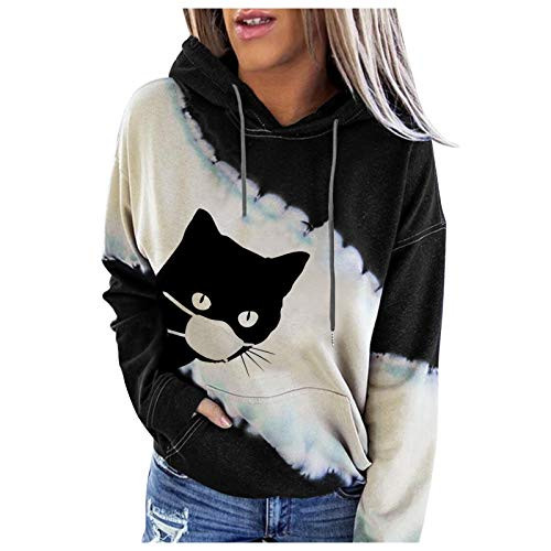 YAnGSale Womens Casual Sweatshirt Hooded Pullover Blouse Splicing Hoodie Cat Printed Sweater Top Shirt Outwear -Black L-