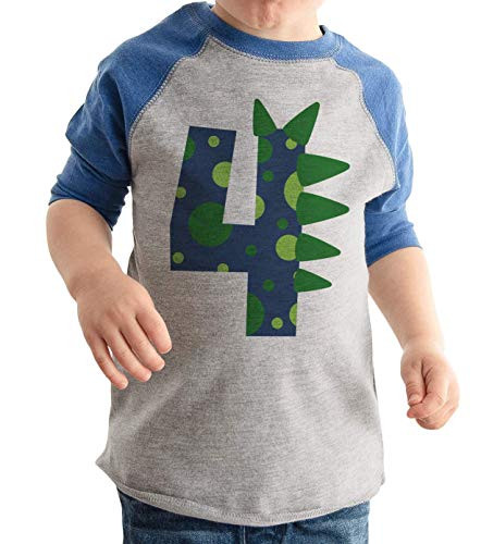 7 ate 9 Apparel Boys Four Dinosaur 4th Birthday Blue Raglan Tee 5T