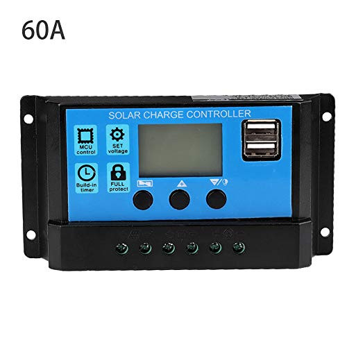 Solar Charge Controller 60A/50A/40A/30A/20A/10A 12V 24V Auto Solar Charge Controller PWM Controller Multi-Function Adjustable LCD Display Controller with Dual USB Port