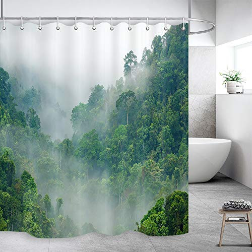 DYNH Nature Forest Shower Curtain, Foggy Pine Trees jungle landscape in mountain, Mildew Resistant Waterproof Polyester Fabric Bathroom Decor, Bath Curtains Accessories, with Hooks, 69X70 Inches 