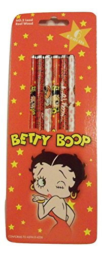 Betty Boop Pencil 6 Pack ~ Betty on White with Pink Hearts Yellow Stars Rockin Betty -2 Each Style-