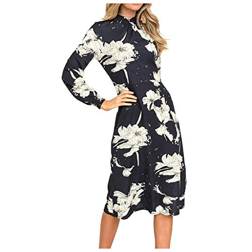 Women Autumn Winter Fashion Long-Sleeve Floral Printed Round-Neck Lady Midi Dress Casual A-Line Dress Navy