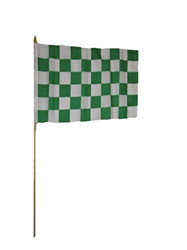 AES 12x18 12 inchx18 inch Wholesale Lot 3 Green White Checkered Stick Flag Wood Staff